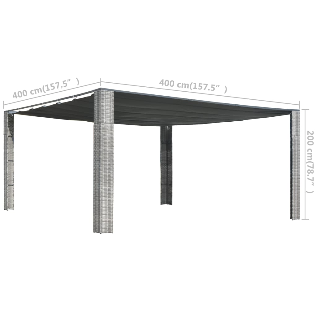 vidaXL pavillon med glidetag polyrattan 400x400x200 cm grå antracitgrå