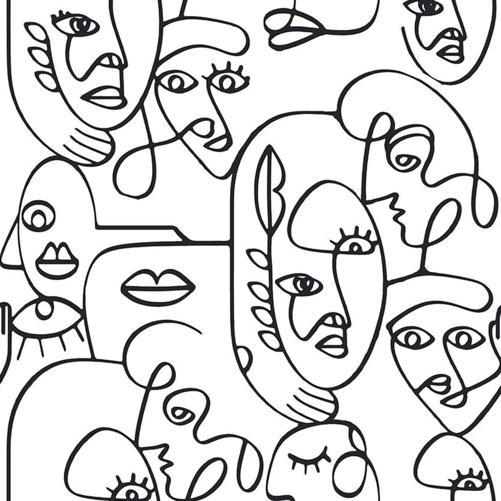 Noordwand tapet Friends & Coffee Line Art Faces hvid og sort