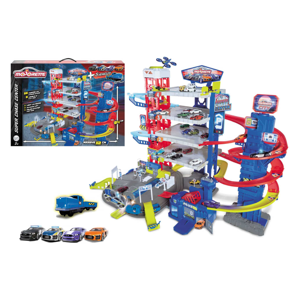 majoRETTE parkeringshus med 5 legetøjsbiler Super Chase Center