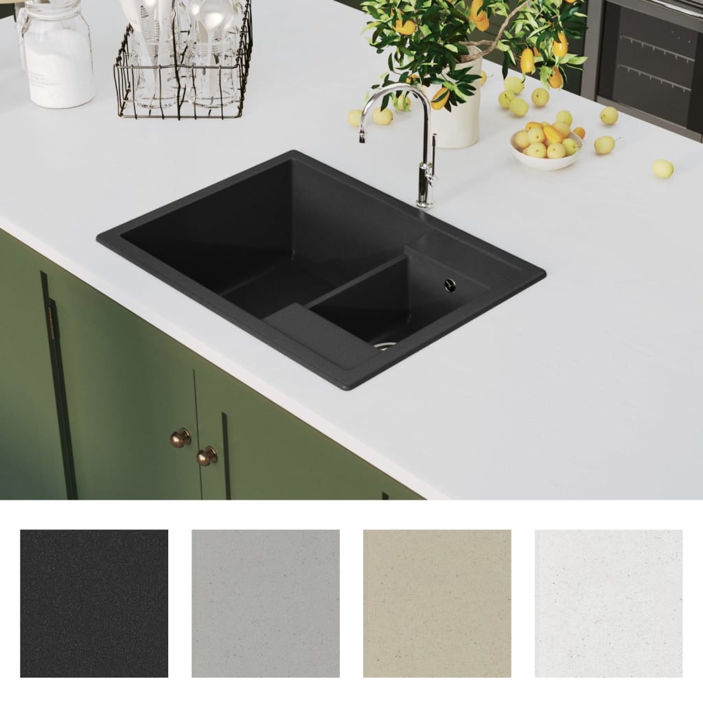 vidaXL dobbelt køkkenvask med overløbshul granit sort