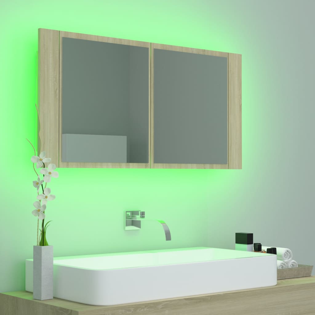 vidaXL badeværelsesskab m. spejl og LED-lys 90x12x45cm akryl sonoma-eg