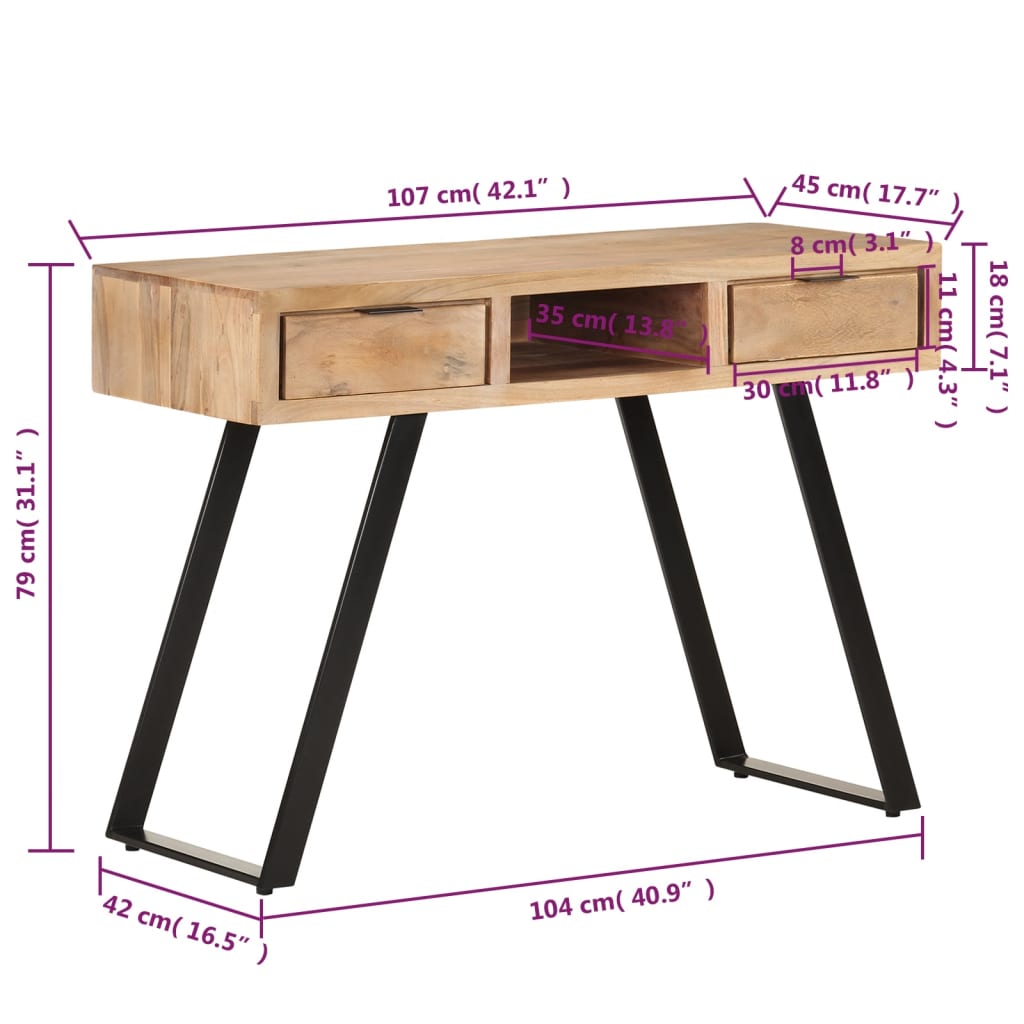 vidaXL skrivebord 107x45x79 cm massivt akacietræ med naturlige kanter