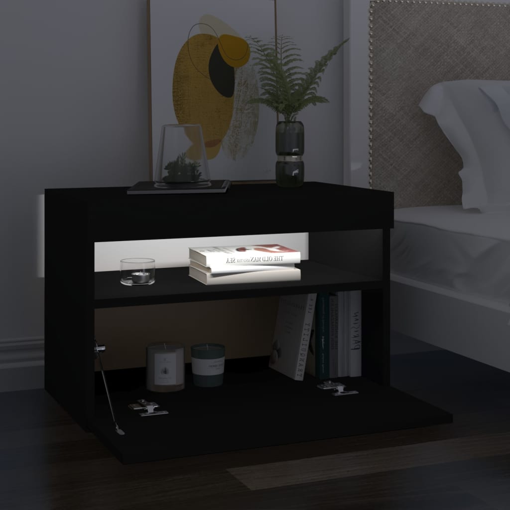 vidaXL sengebord med LED-lys 60x35x40 cm konstrueret træ sort