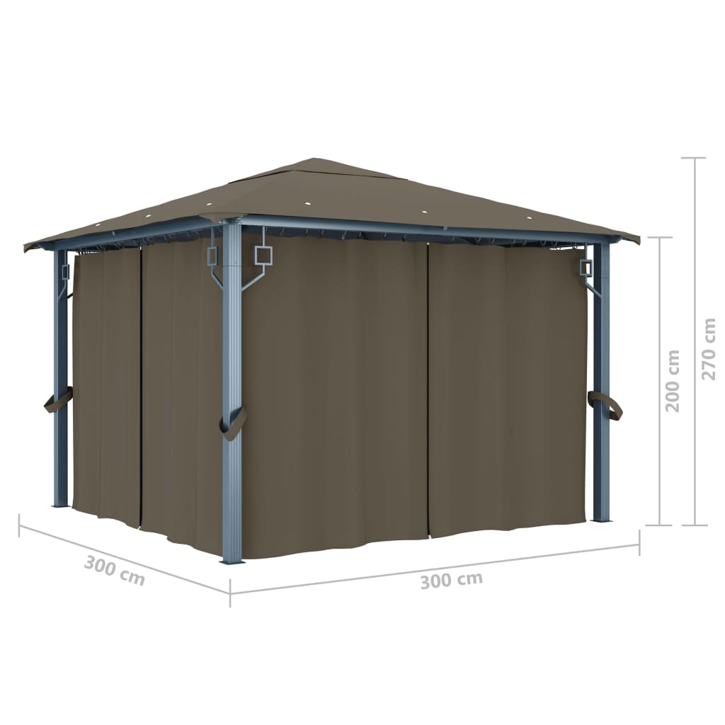 vidaXL pavillon med gardin + LED-lyskæde 300x300 cm aluminium gråbrun