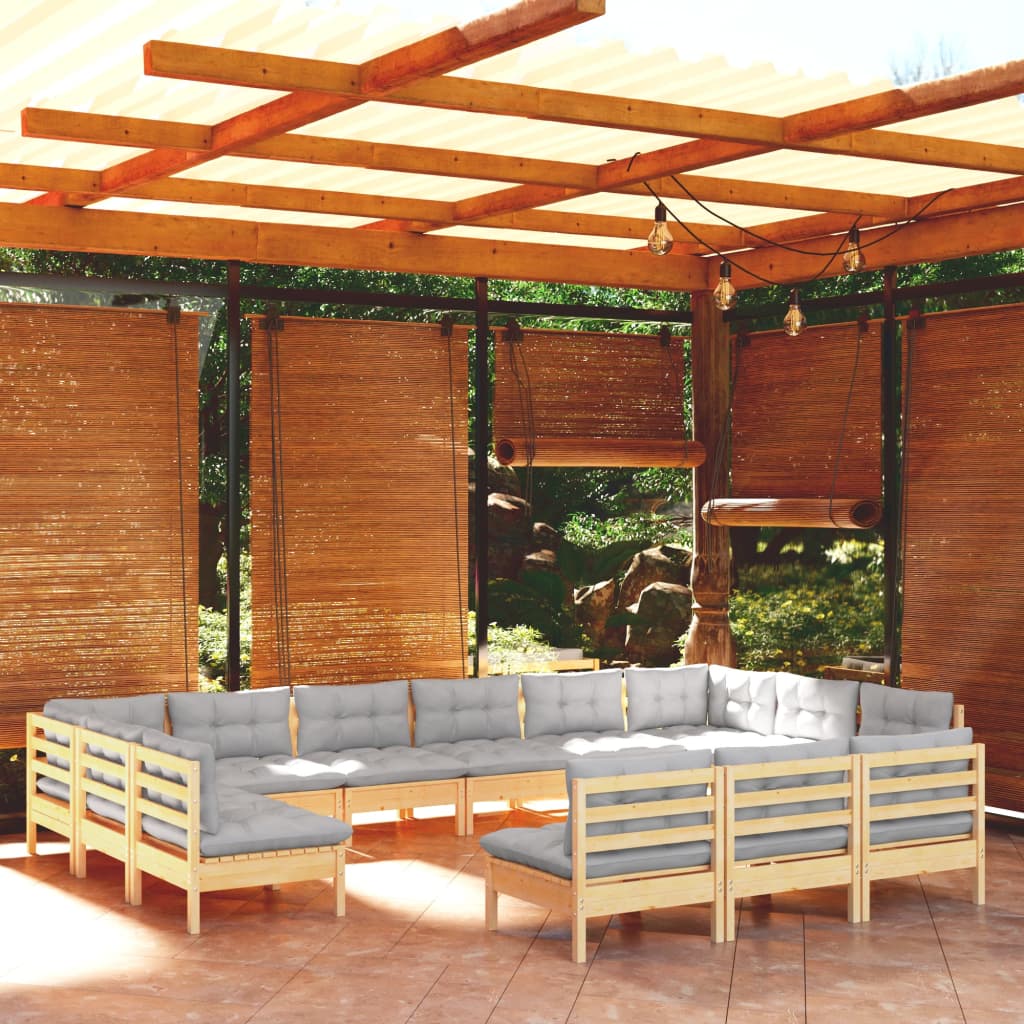 vidaXL loungesæt til haven 13 dele med grå hynder massivt fyrretræ
