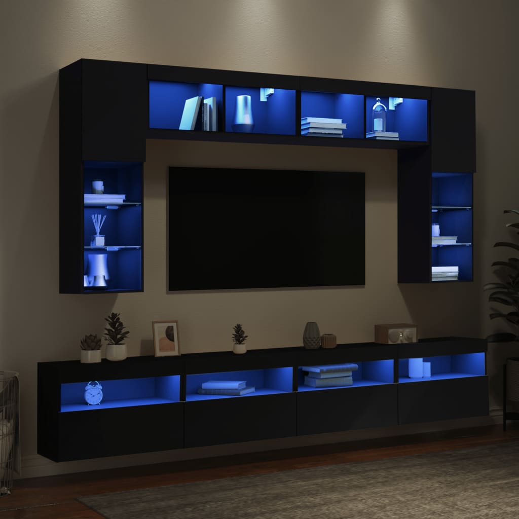 vidaXL væghængt tv-møbel 8 dele med LED-lys sort