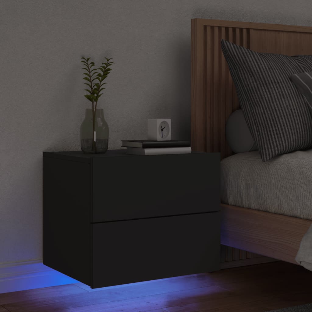 vidaxL væghængt sengebord med LED-lys sort