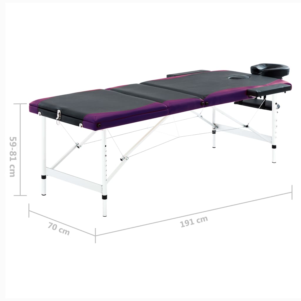 vidaXL sammenfoldeligt massagebord aluminiumsstel 3 zoner sort lilla
