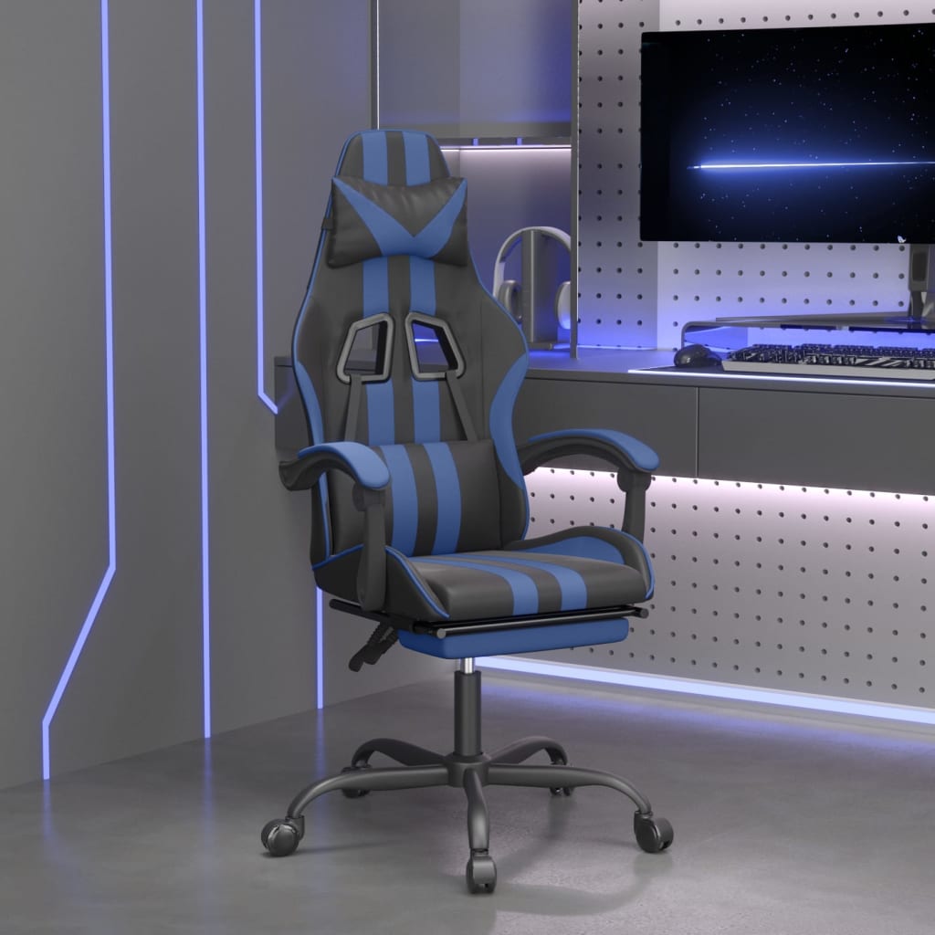 vidaXL drejelig gamingstol med fodstøtte kunstlæder sort og blå