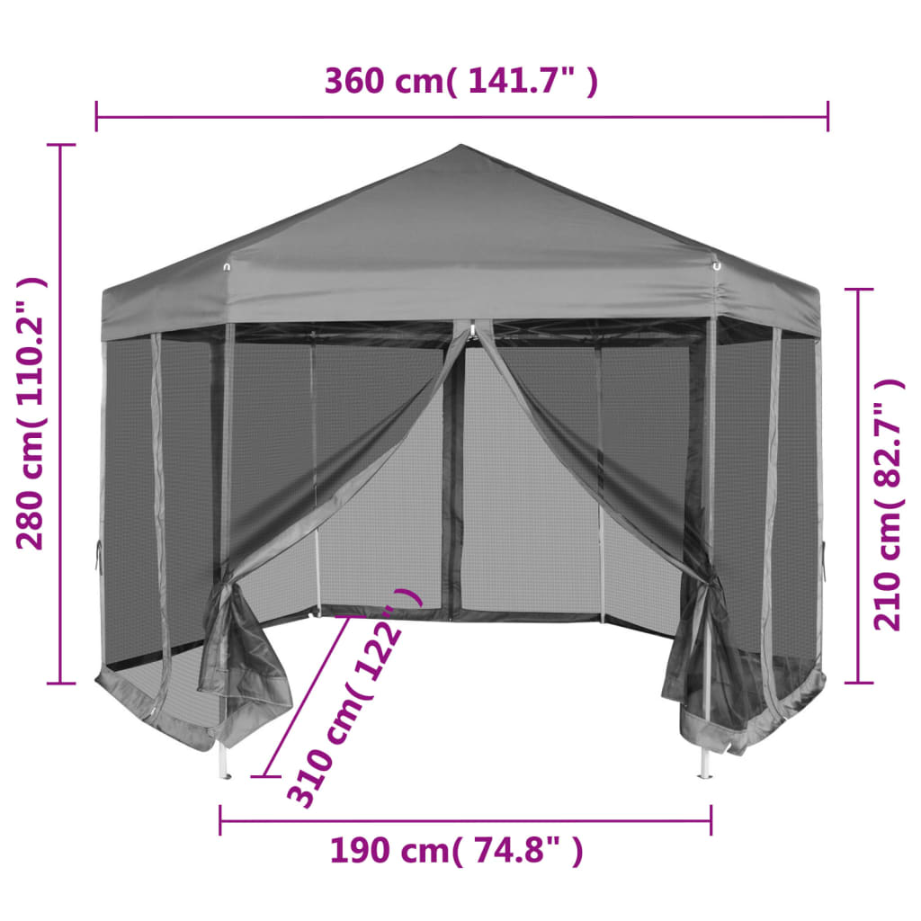 vidaXL pop up-pavillon 6 sidevægge sekskantet 3,6x3,1 m grå