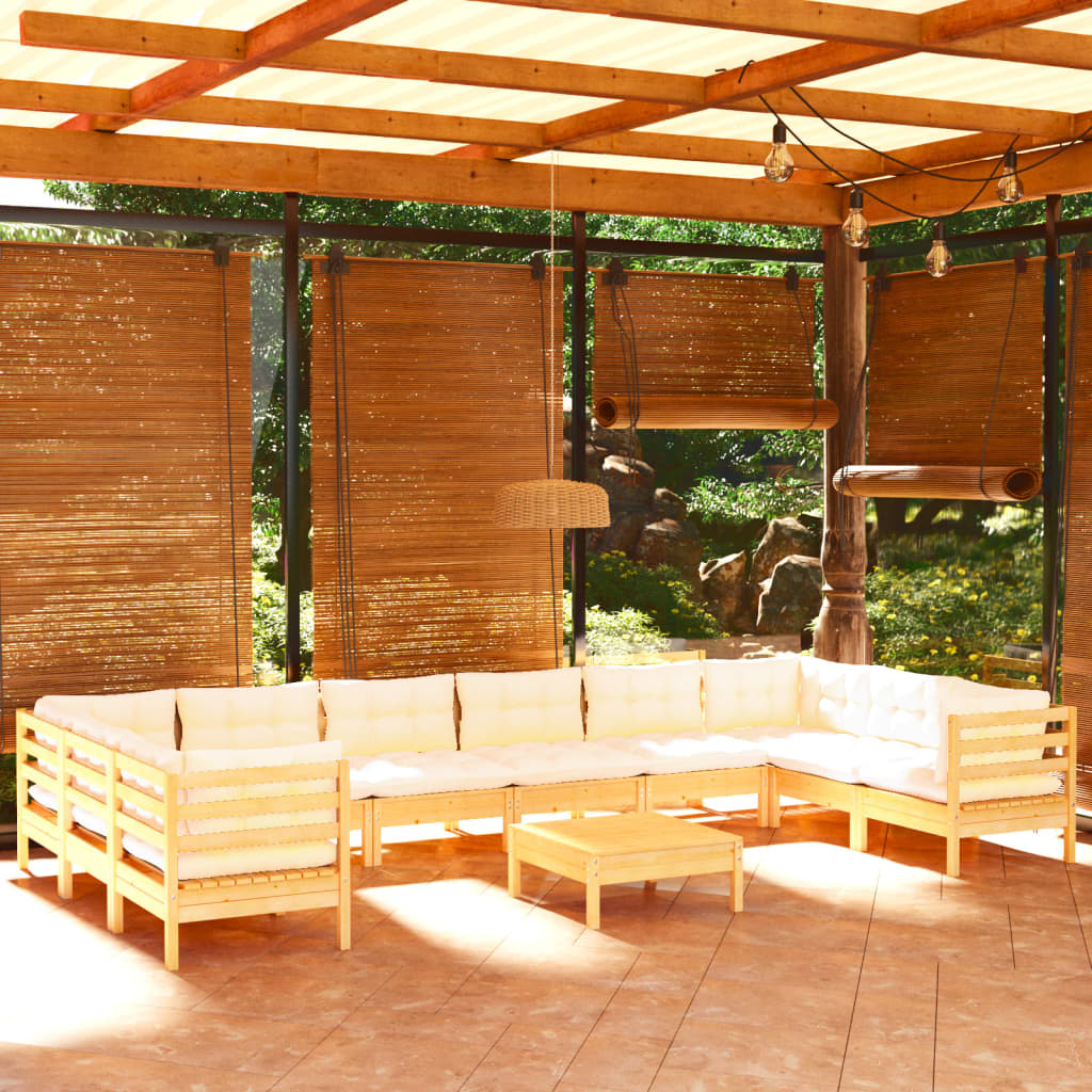 vidaXL loungesæt til haven 11 dele med cremefarvede hynder fyrretræ