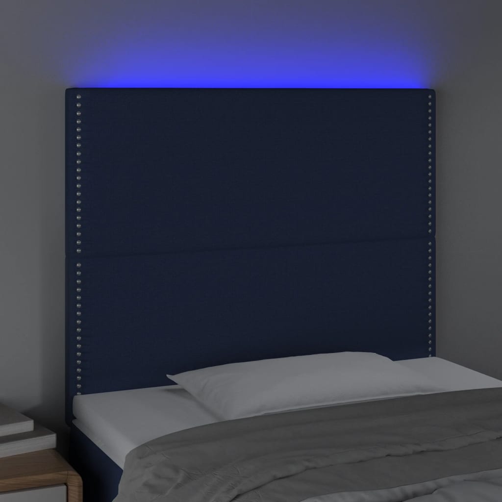 vidaXL sengegavl med LED-lys 100x5x118/128 cm stof blå