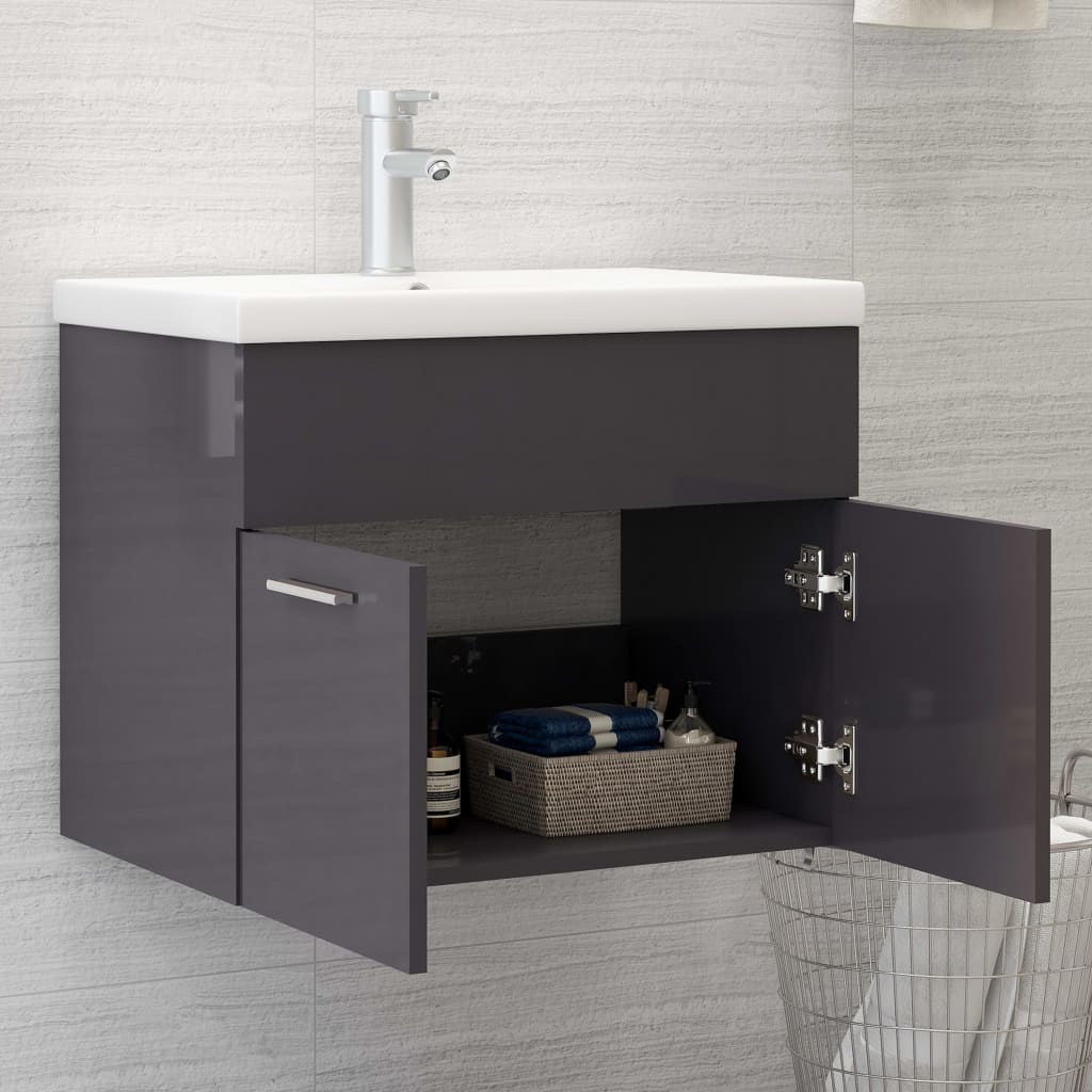 vidaXL vaskeskab med indbygget håndvask konstrueret træ grå højglans