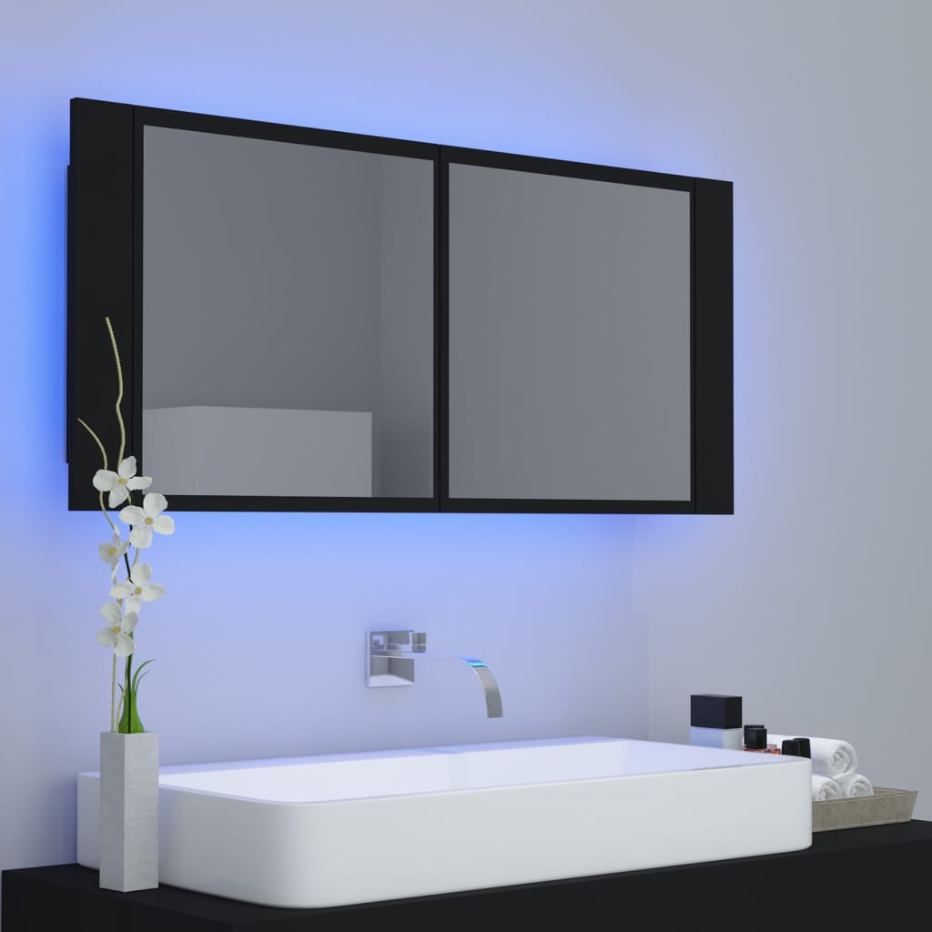vidaXL badeværelsesskab m. spejl og LED-lys 100x12x45 cm akryl sort