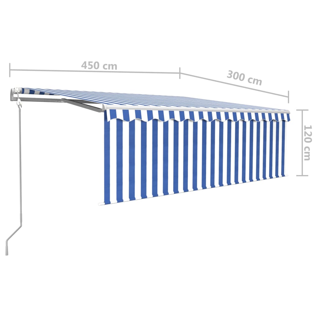 vidaXL markise m. gardin+LED+vindsensor 4,5x3 m automatisk blå og hvid