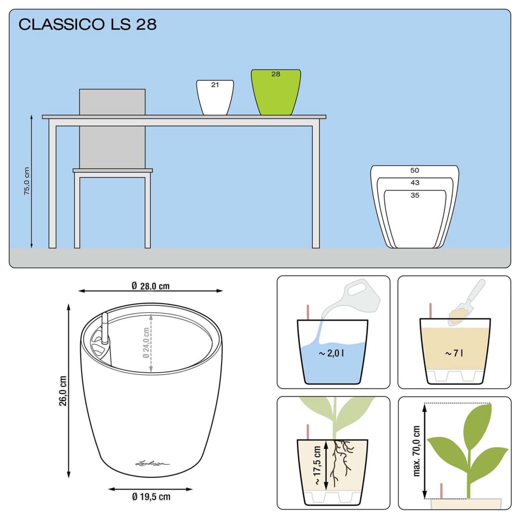 LECHUZA plantekrukke CLASSICO 28 LS ALL-IN-ONE hvid højglans 16040