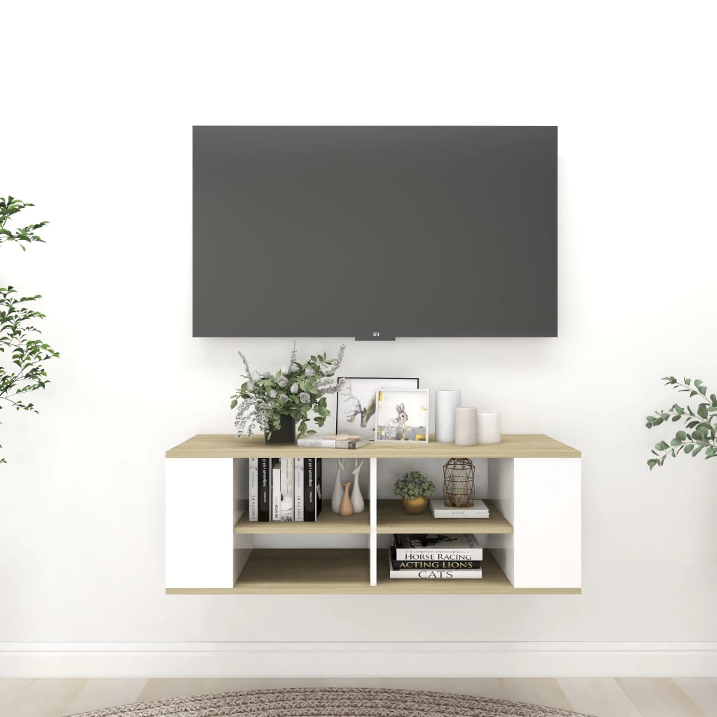 vidaXL væghængt tv-bord 102x35x35 cm konstrueret træ hvid og sonoma-eg