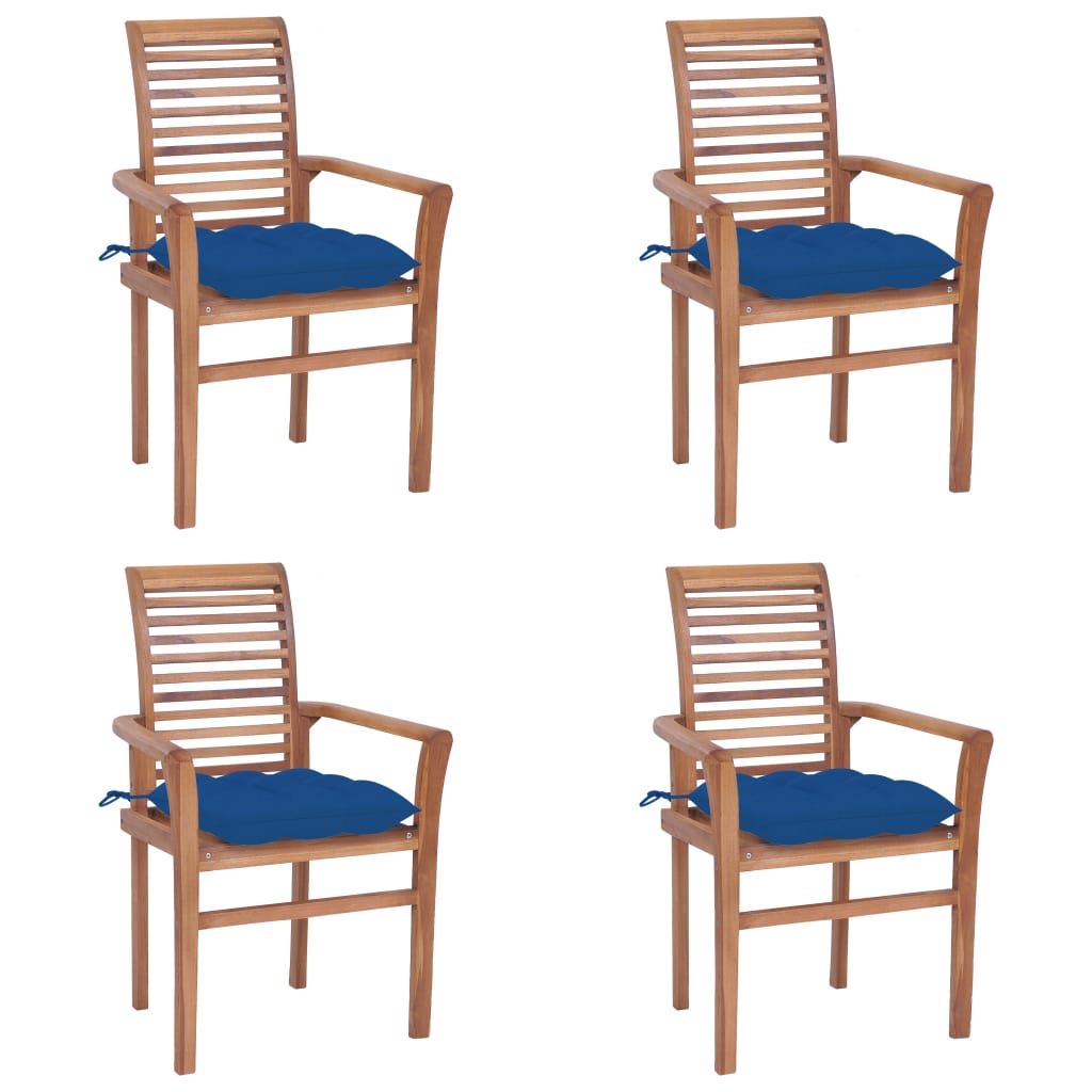 vidaXL spisebordsstole 4 stk. med blå hynder massivt teaktræ