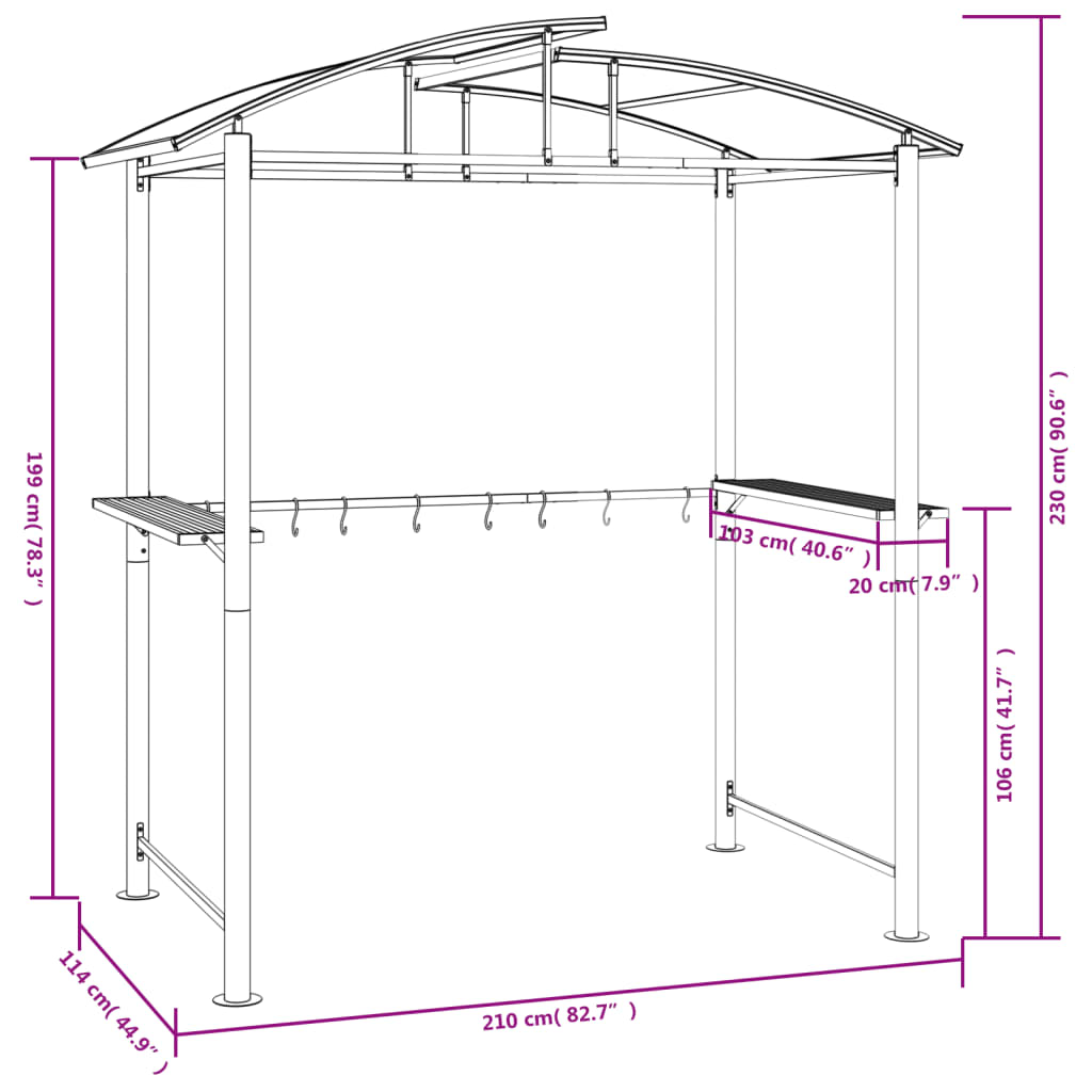 vidaXL grillpavillon med sidehylder 210x114x230 cm stål antracitgrå