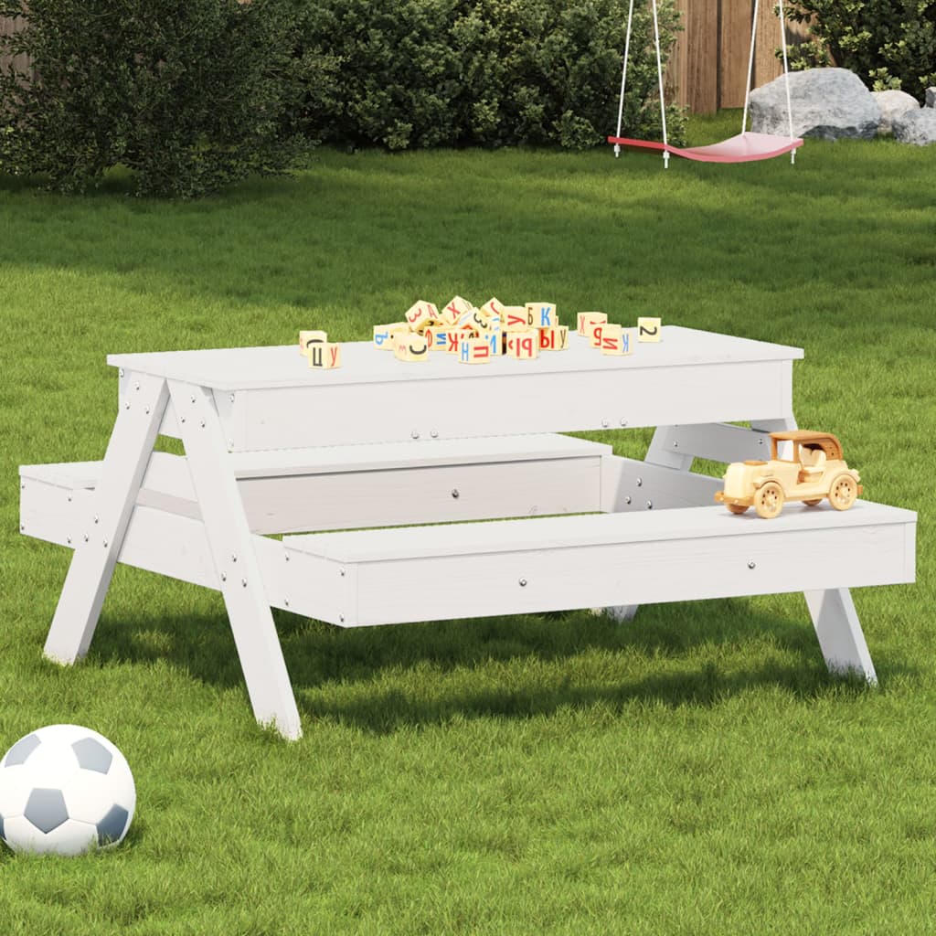 vidaXL picnicbord med sandkasse til børn massivt fyrretræ hvid