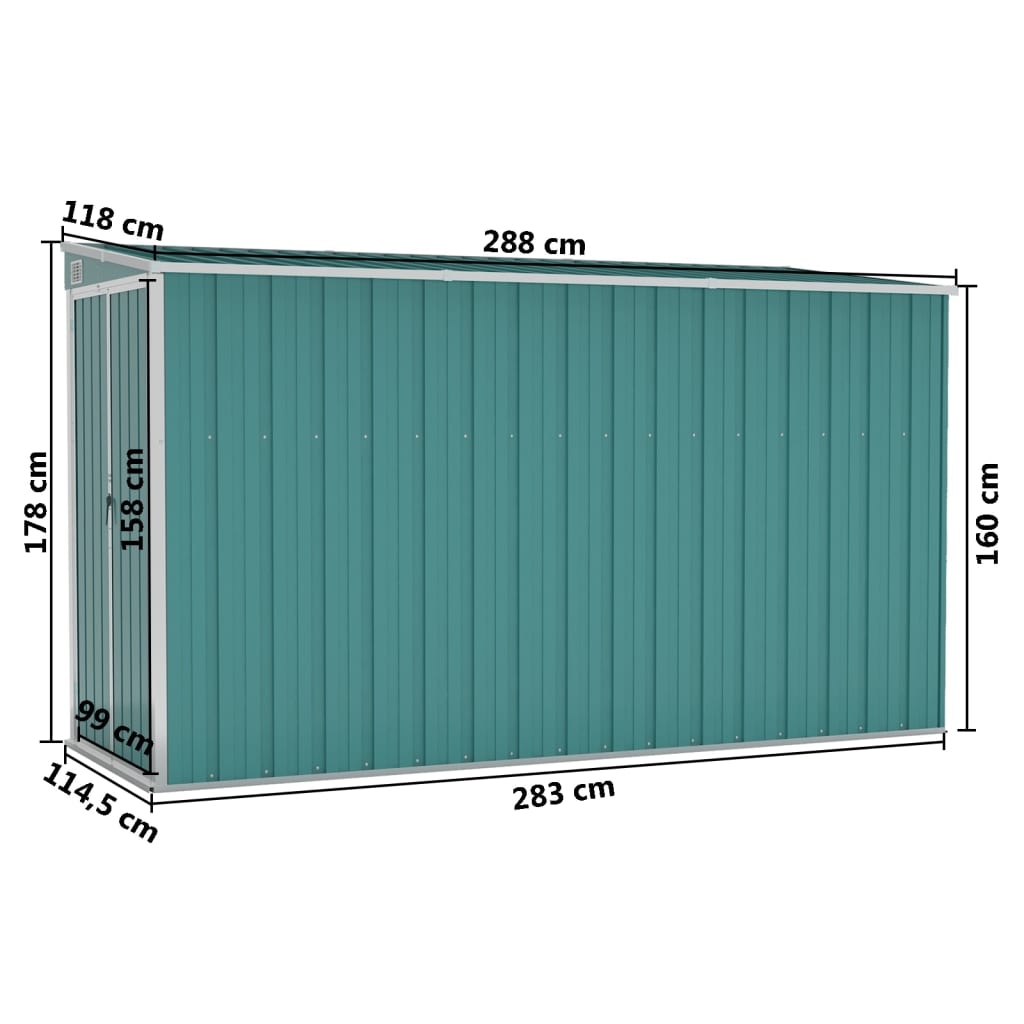 vidaXL vægmonteret haveskur 118x288x178 cm galvaniseret stål grøn