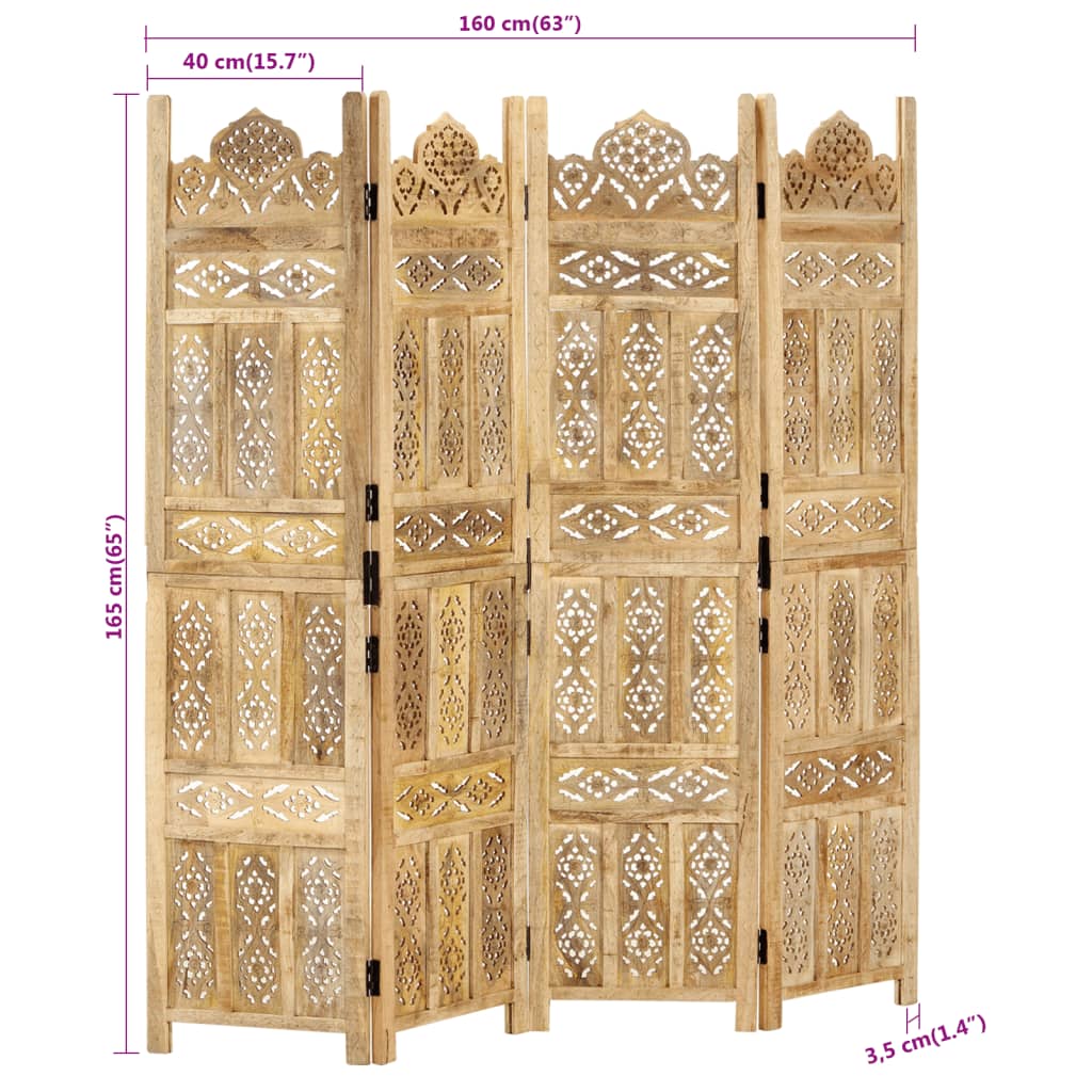 vidaXL 4-panels rumdeler håndskåret 160 x 165 cm massivt mangotræ