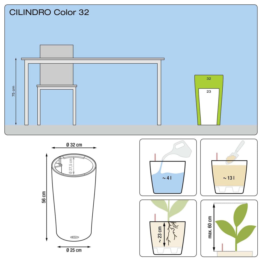 LECHUZA plantekrukke Cilindro color 32 ALL-IN-ONE skifergrå 13953