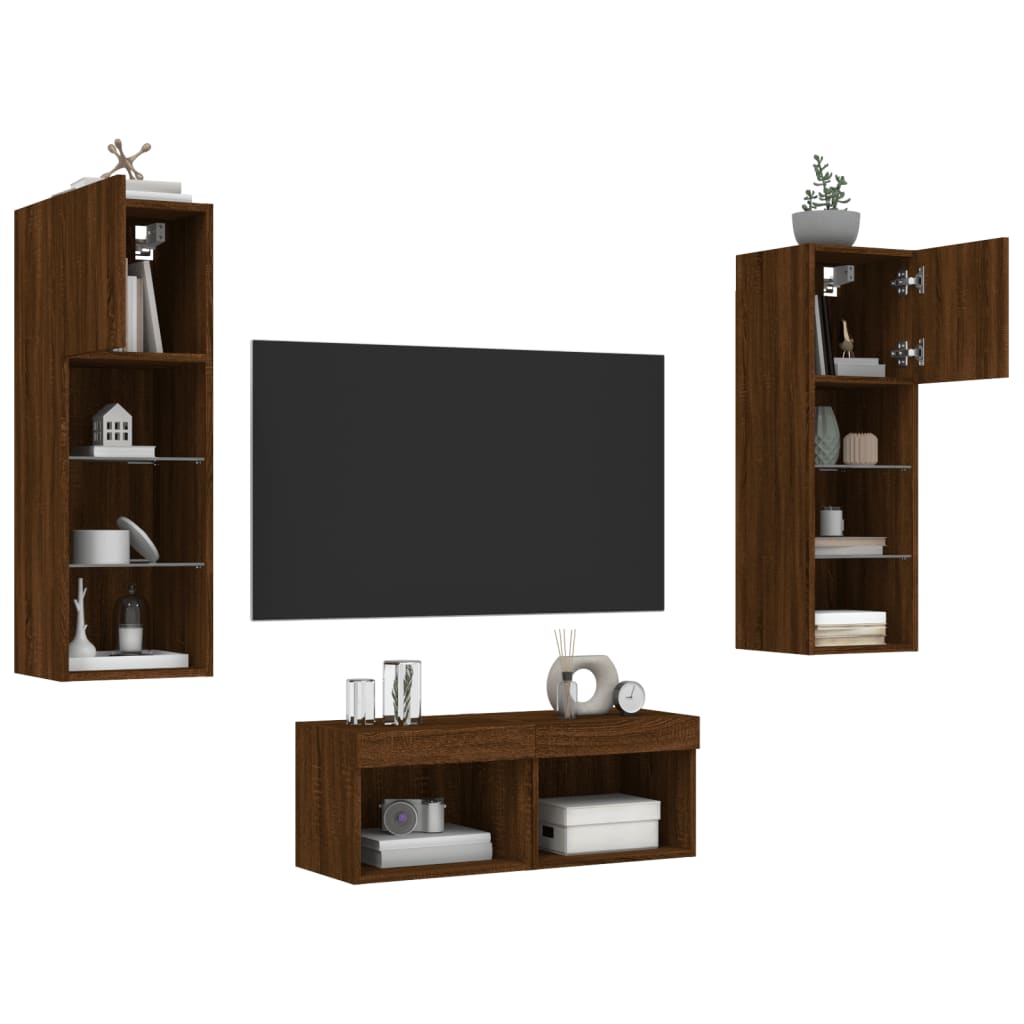 vidaXL tv-møbel til væg med LED-lys 4 dele brun egetræsfarve