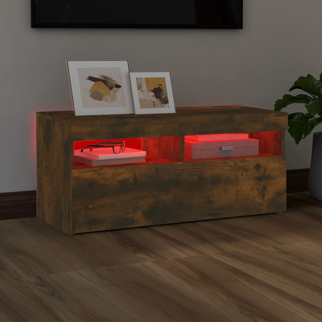 vidaXL tv-bord med LED-lys 90x35x40 cm røget egetræsfarve