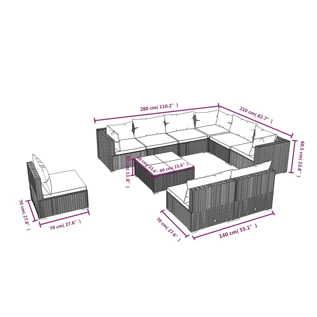 vidaXL loungesæt til haven 10 dele med hynder polyrattan grå