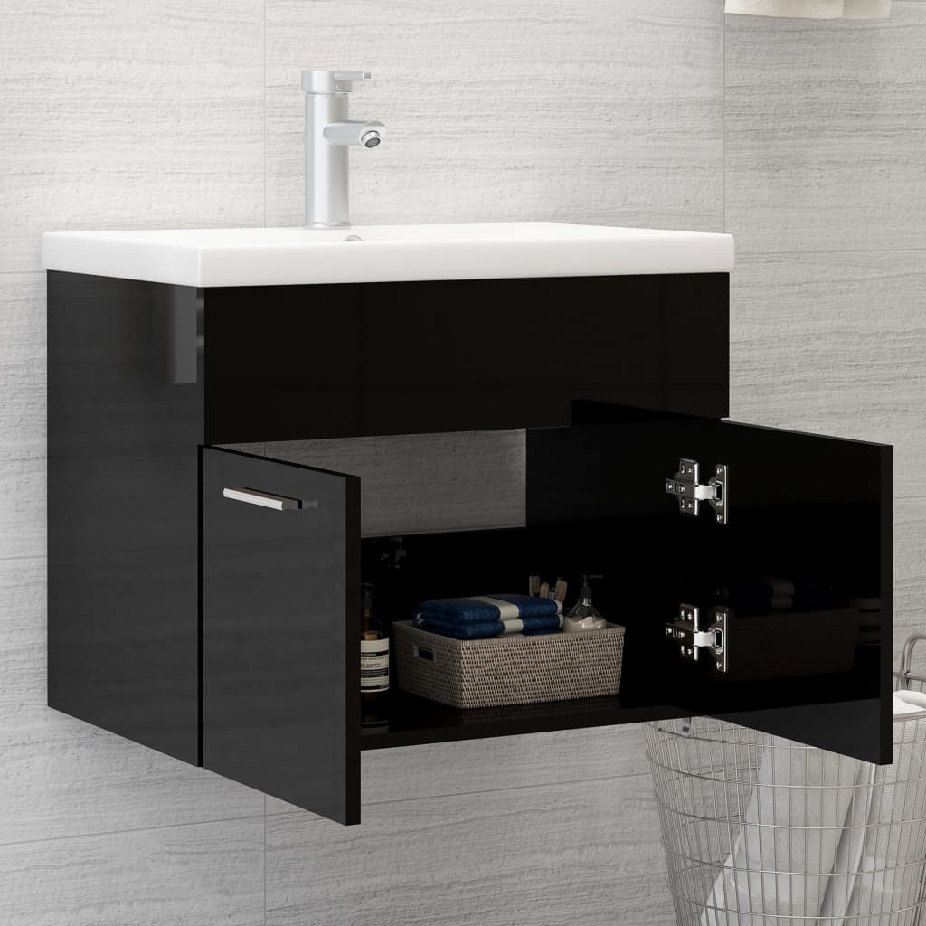 vidaXL vaskeskab med indbygget håndvask konstrueret træ sort højglans