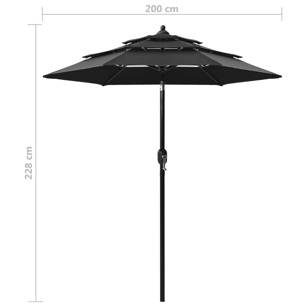 vidaXL parasol med aluminiumsstang i 3 niveauer 2 m sort