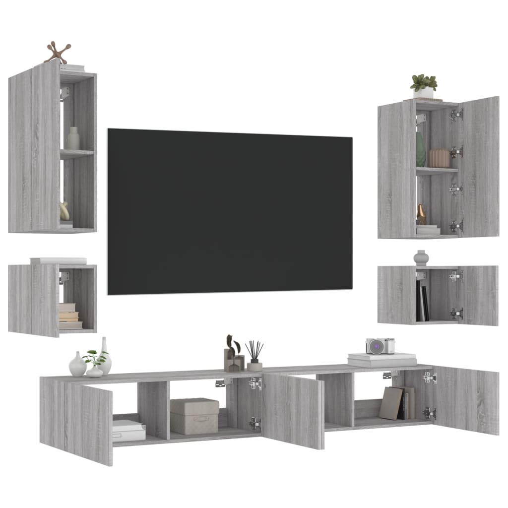 vidaXL tv-møbel til væg 6 dele LED-lys grå sonoma-eg