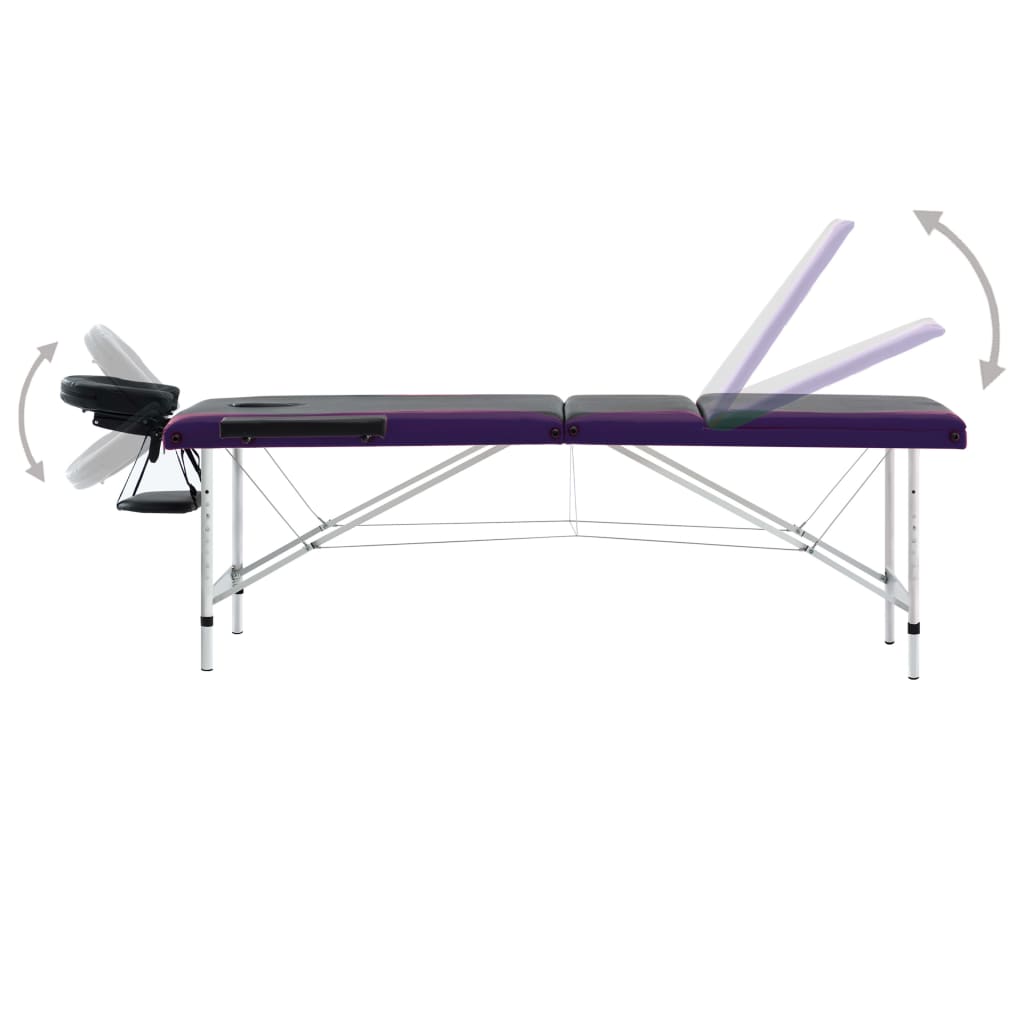 vidaXL sammenfoldeligt massagebord aluminiumsstel 3 zoner sort lilla