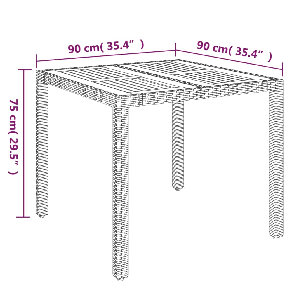 vidaXL havebord med træplade 90x90x75 cm polyrattan grå