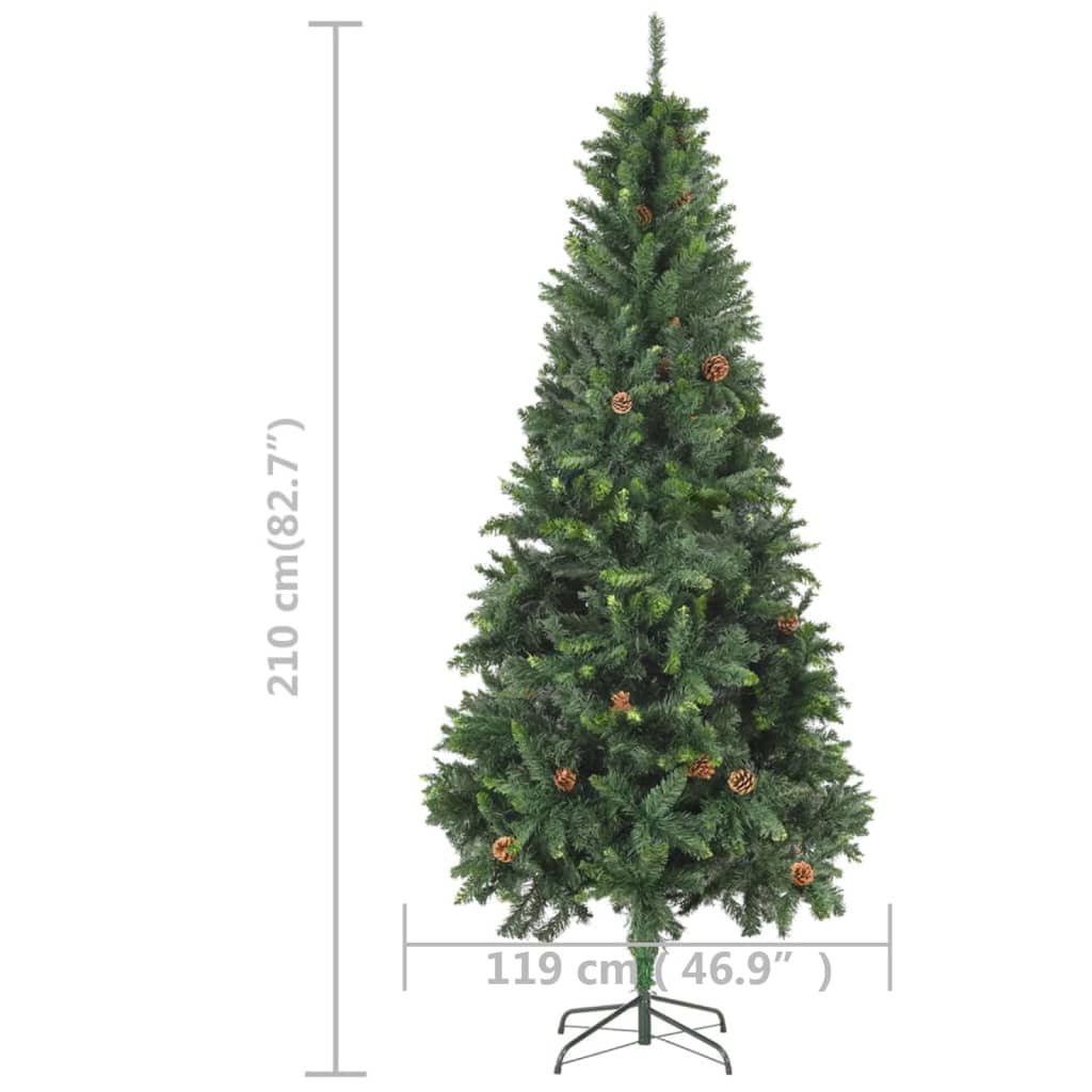 vidaXL kunstigt juletræ med lys og grankogler 210 cm grøn