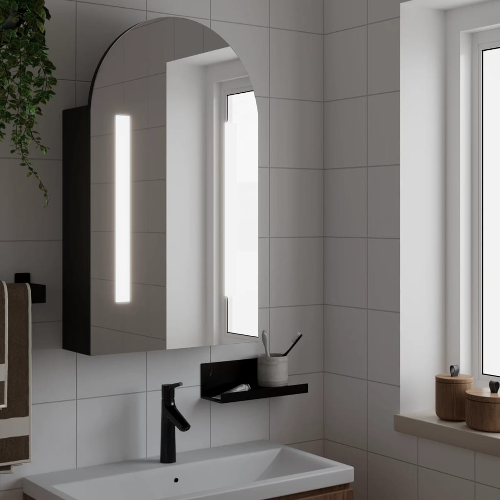 vidaXL badeværelsesskab med spejl og LED-lys 42x13x70 buet sort