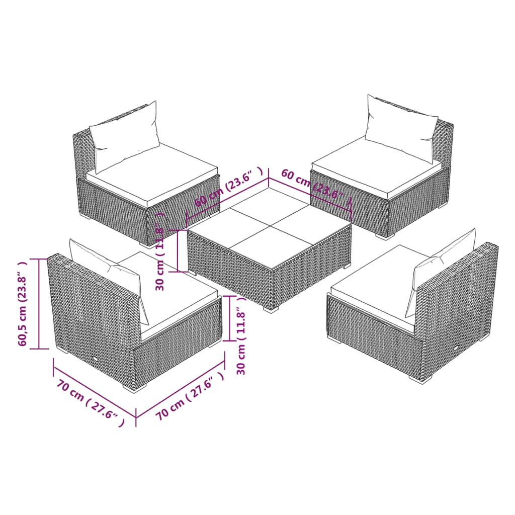 vidaXL loungesæt til haven 5 dele med hynder polyrattan sort