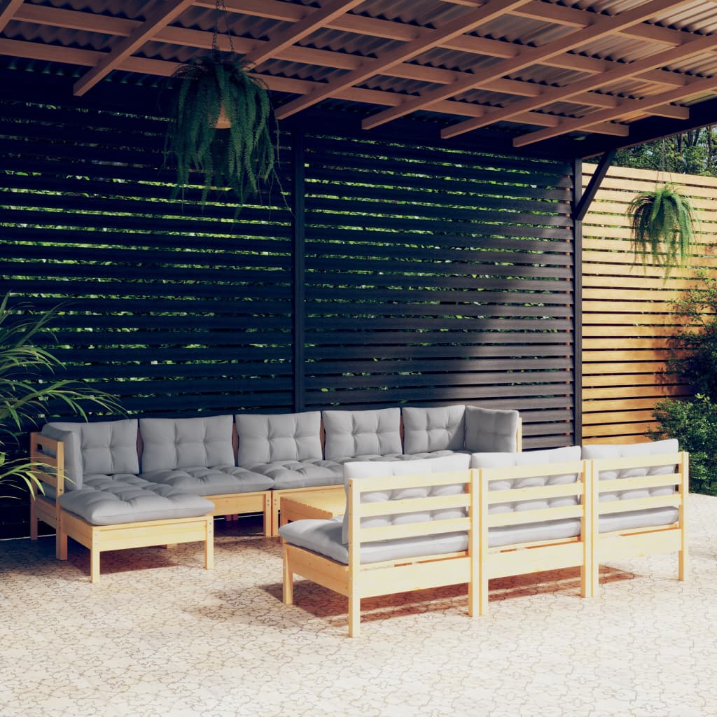 vidaXL loungesæt til haven 11 dele med grå hynder fyrretræ