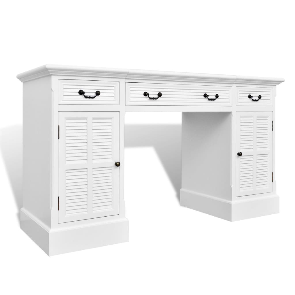 Hvidt skrivebord med skabe i begge sider og skuffer