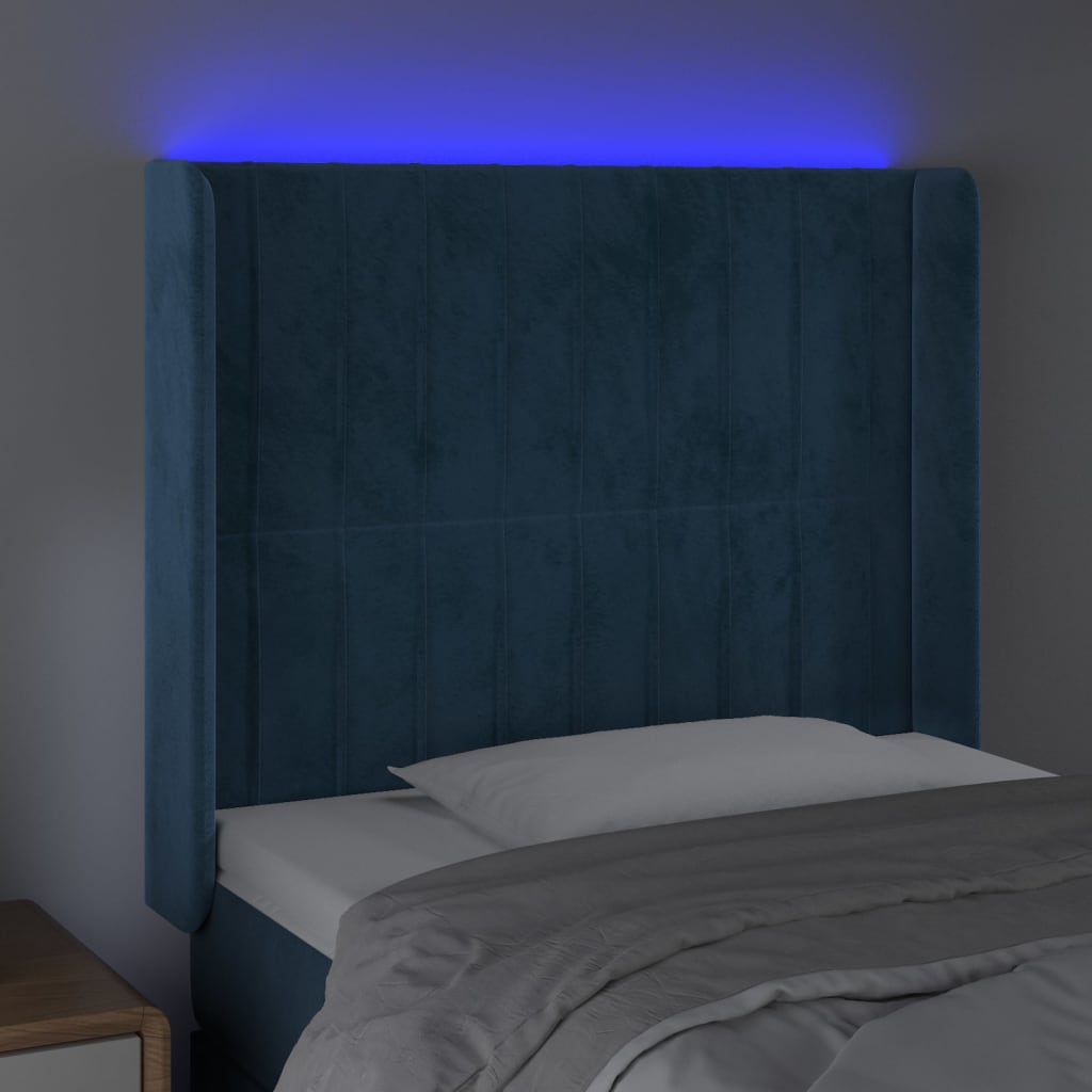 vidaXL sengegavl med LED-lys 103x16x118/128 cm fløjl mørkeblå