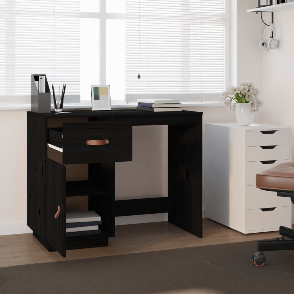 vidaXL skrivebord 95x50x75 cm massivt fyrretræ sort