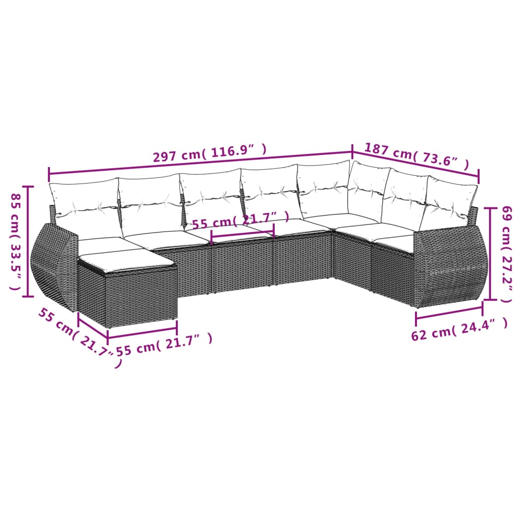 vidaXL sofasæt til haven 9 dele med hynder polyrattan grå