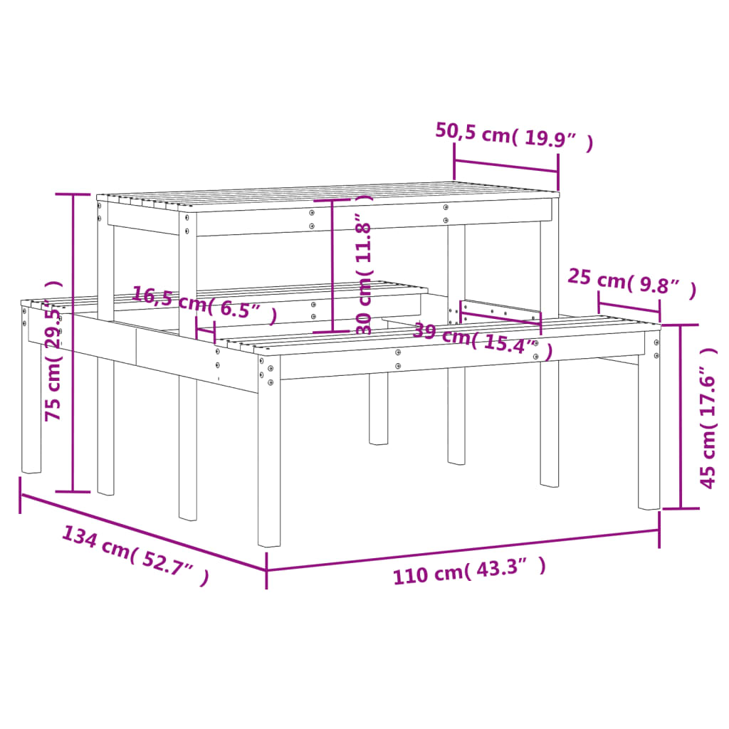 vidaXL picnicbord 110x134x75 cm massivt fyrretræ hvid