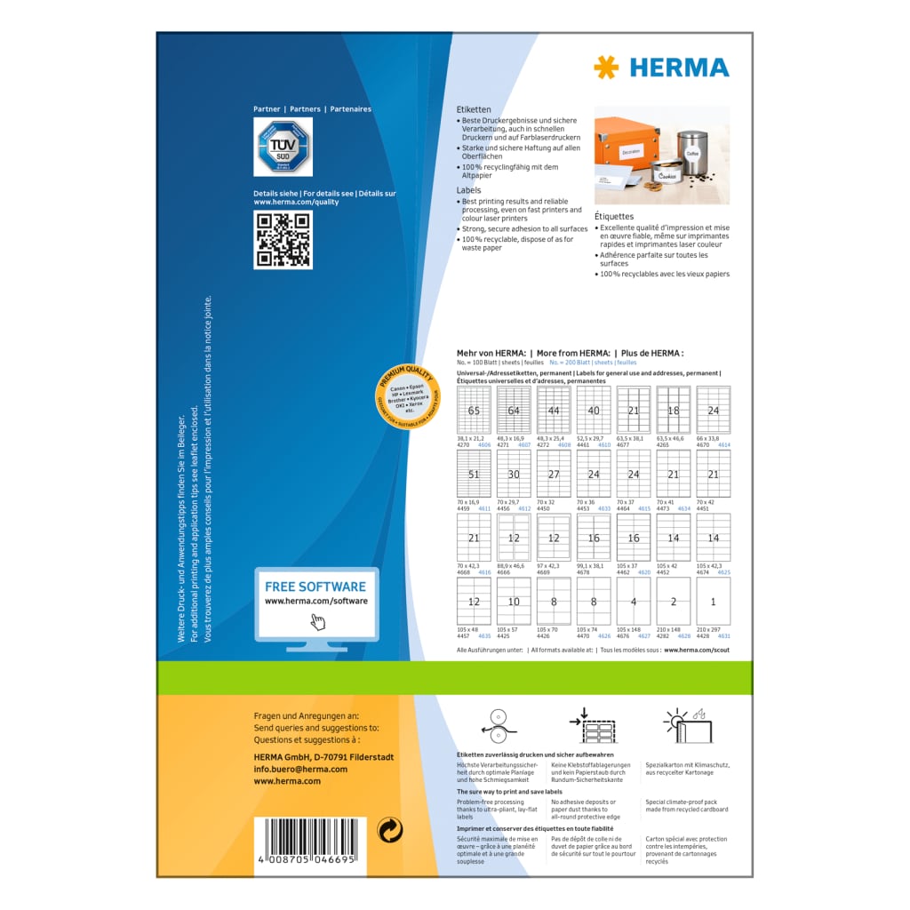 HERMA permanente etiketter PREMIUM A4 97x42,3 mm 100 ark