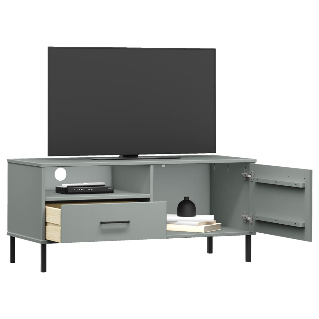 vidaXL tv-bord med metalben OSLO massivt fyrretræ grå
