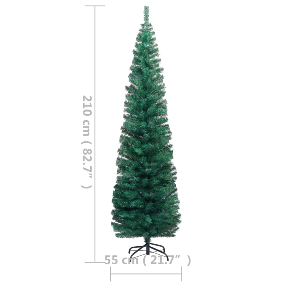 vidaXL kunstigt smalt juletræ med lys og juletræsfod 210 cm PVC grøn