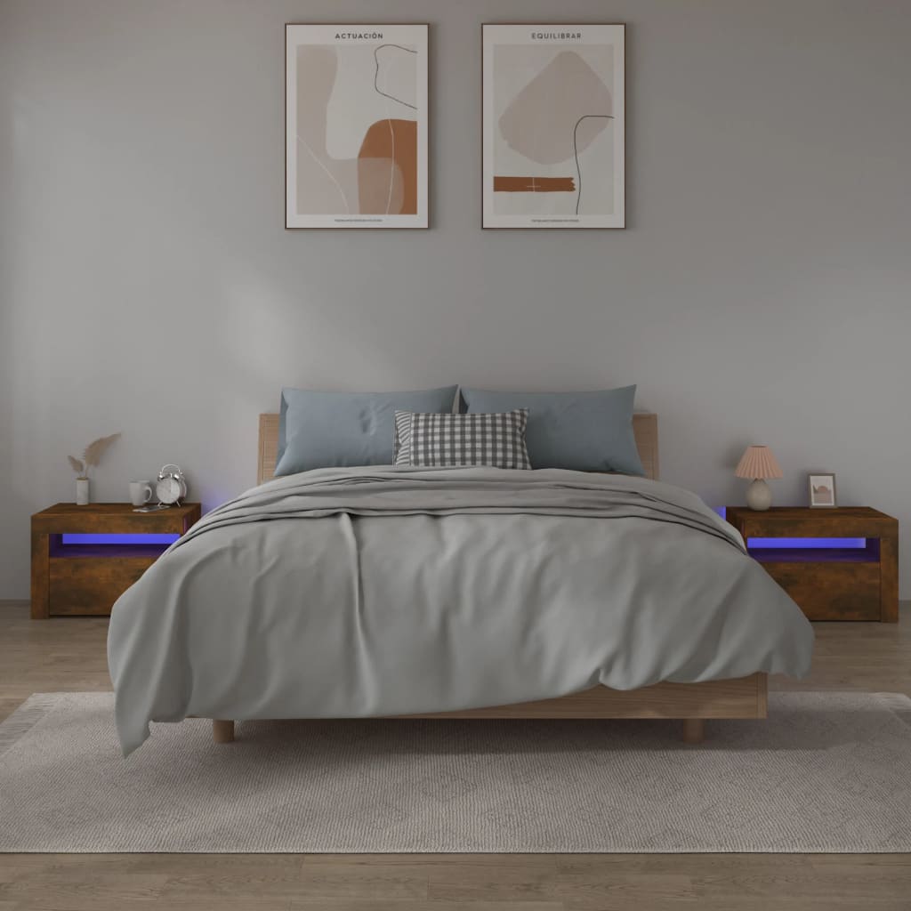 vidaXL sengeborde med LED-lys 2 stk. 60x35x40 cm røget eg