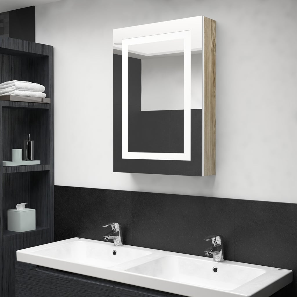 vidaXL badeværelsesskab med spejl + LED-lys 50x13x70 cm hvid og egetræ