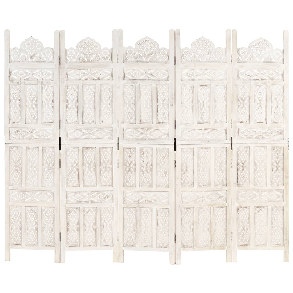 vidaXL 5-panels rumdeler håndskåret 200 x 165 cm massivt mangotræ hvid